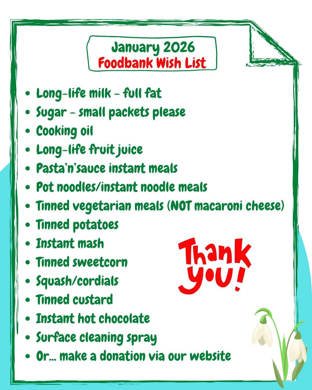 List of items urgently needed for the Food Bank this month